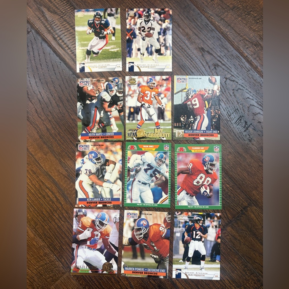 Lot of 11 Denver Broncos Football Trading Cards Collection from years 1989-2002